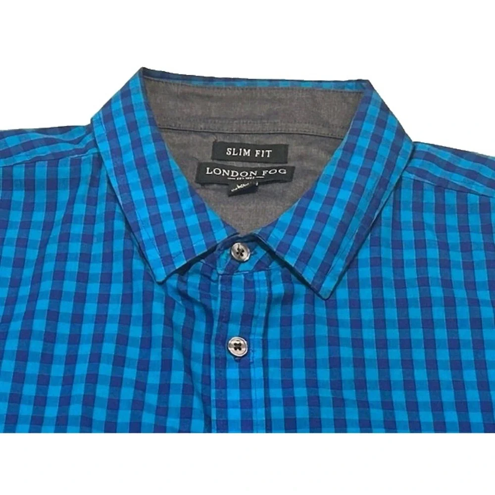 London Fog Mens Gingham Check Slim Fit Short Sleeve Button Down Shirt - Size XL‎